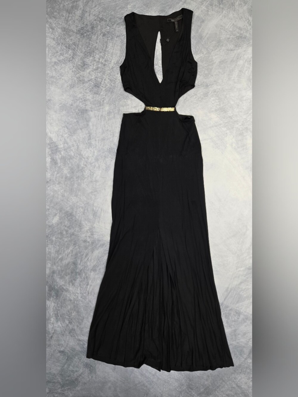BCBGMaxAzria Black Backless Evening Gown with Gold Waist Detail